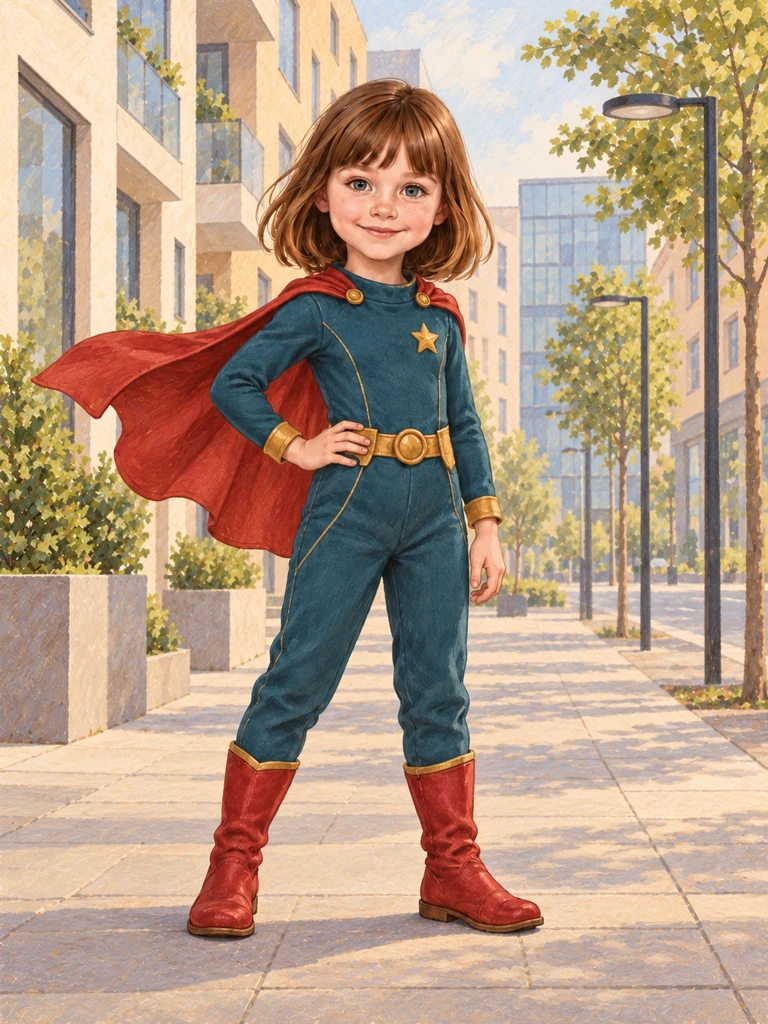 Emma en super-héroïne, avec une combinaison bleu canard et une cape rouge, dans une rue moderne